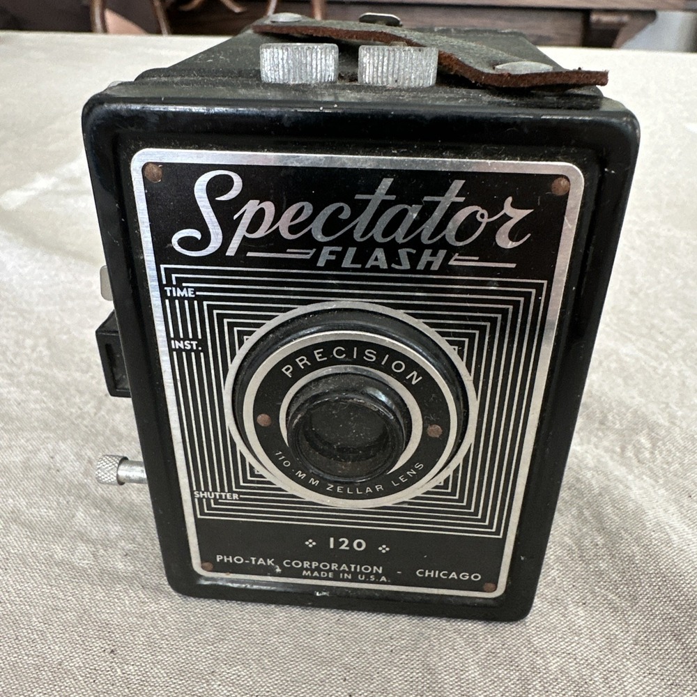 Vintage 1950 Pho-Tak Corp Spectator Flash 120 Roll Film Metal Box Camera Works!
